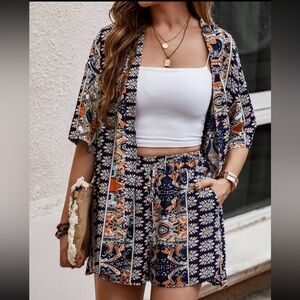*NEW* Breezaya Paisley Print Open Front Kimono & Shorts Set Sz: L (8/10)